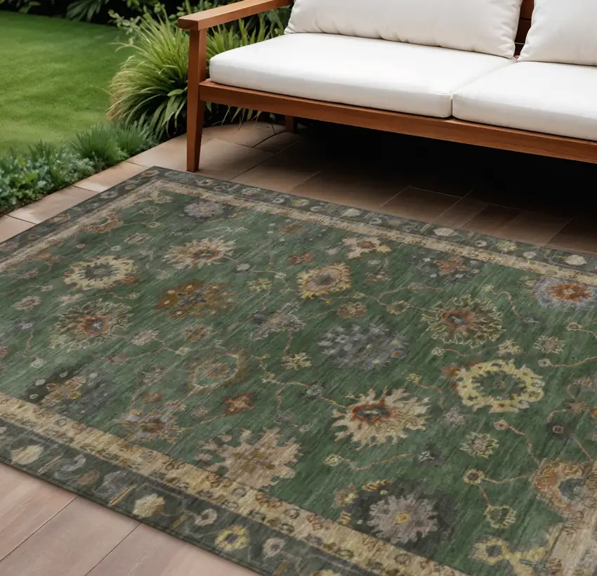 Fern Green And Gold Floral Washable Indoor Outdoor Area Rug Photo 1