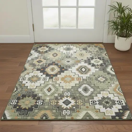 Fern Green And Gold Geometric Washable Area Rug With UV Protection Photo 2