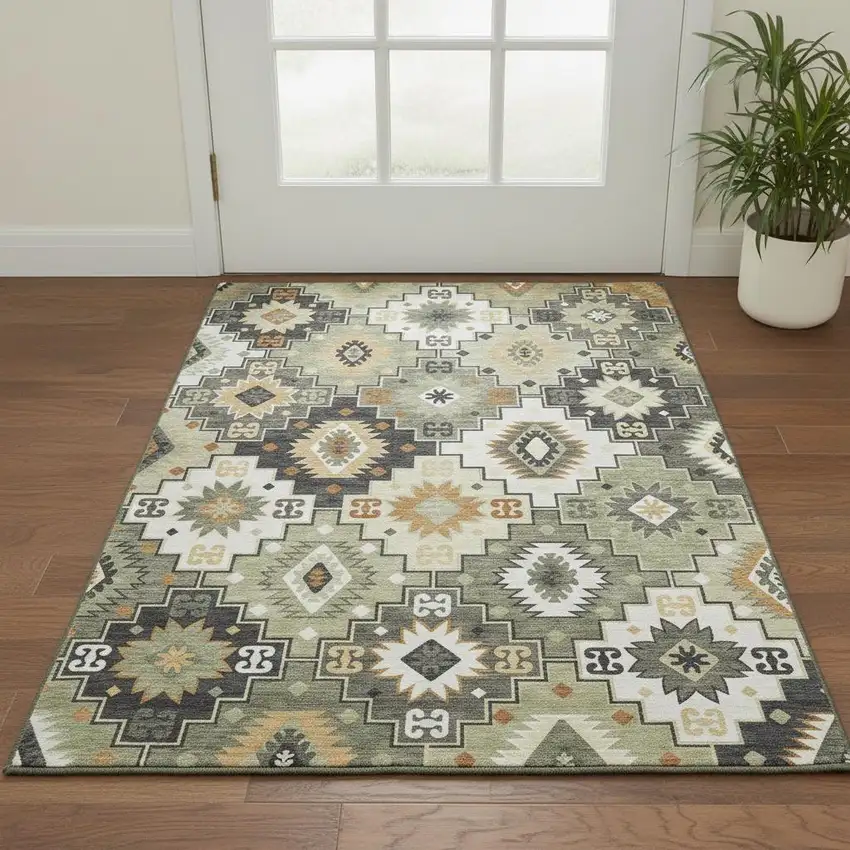 Fern Green And Gold Geometric Washable Area Rug With UV Protection Photo 2