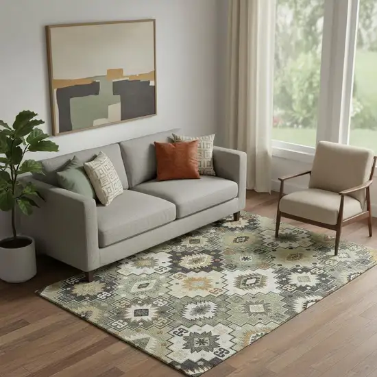 Fern Green And Gold Geometric Washable Area Rug With UV Protection Photo 2