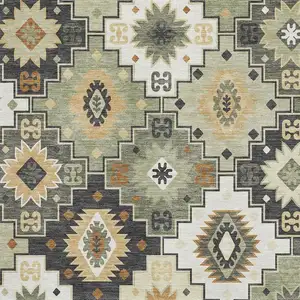 Photo of Fern Green And Gold Geometric Washable Area Rug With UV Protection