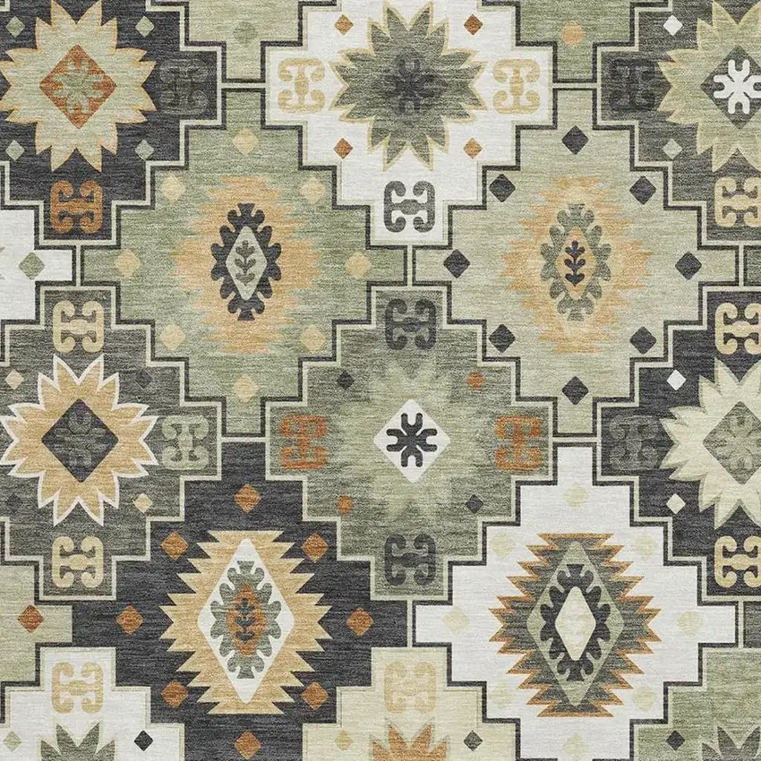 Fern Green And Gold Geometric Washable Area Rug With UV Protection Photo 3