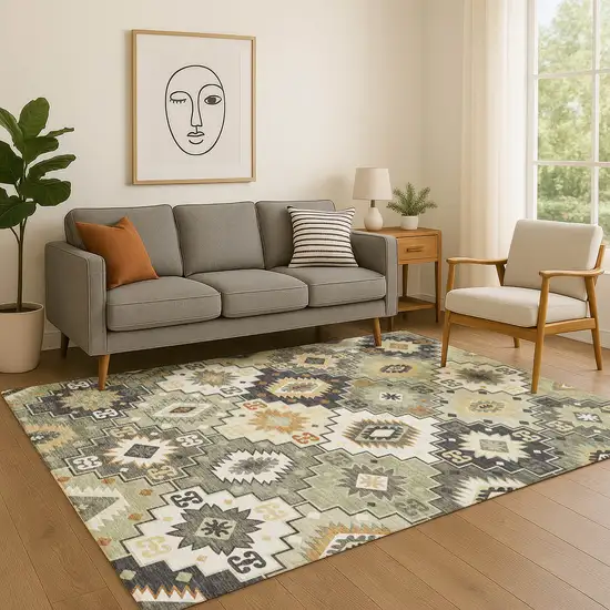Fern Green And Gold Geometric Washable Area Rug With UV Protection Photo 5