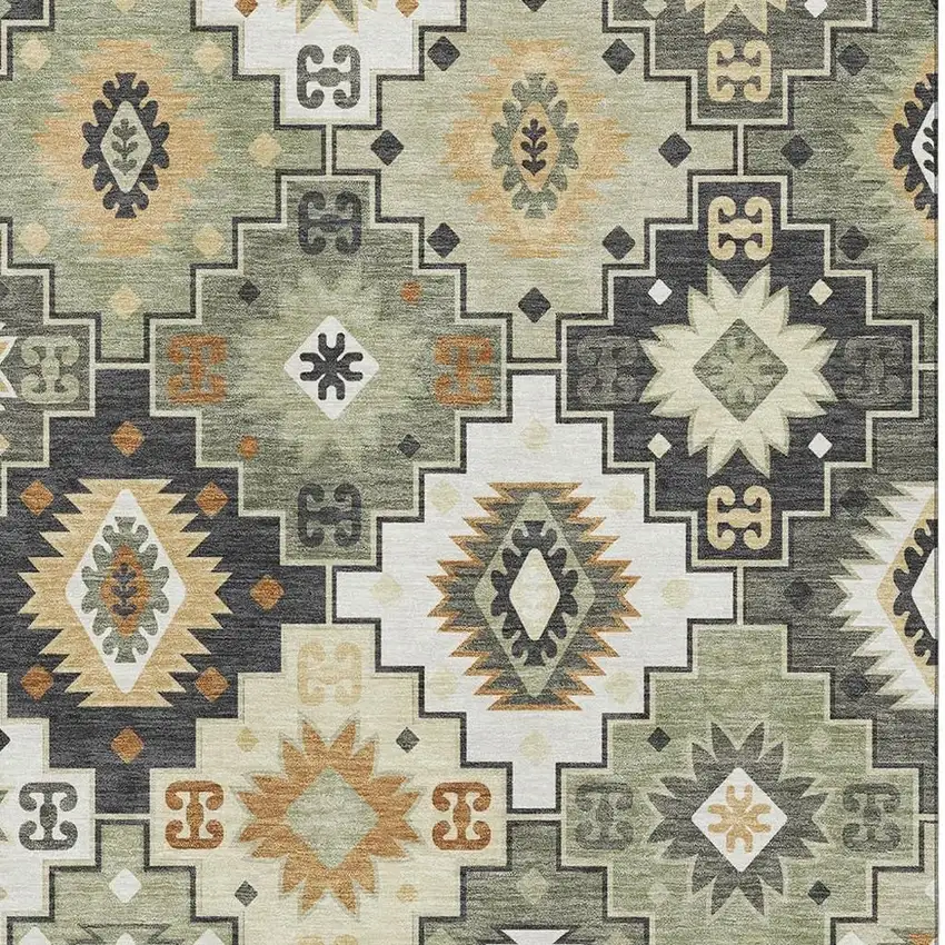 Fern Green And Gold Geometric Washable Area Rug With UV Protection Photo 3