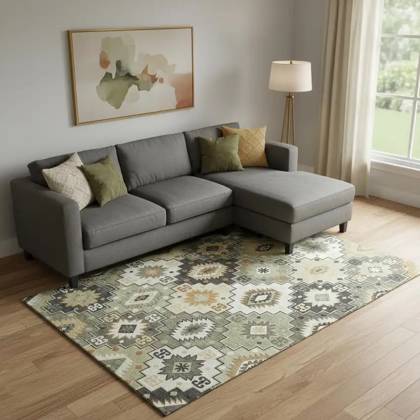 Fern Green And Gold Geometric Washable Area Rug With UV Protection Photo 2