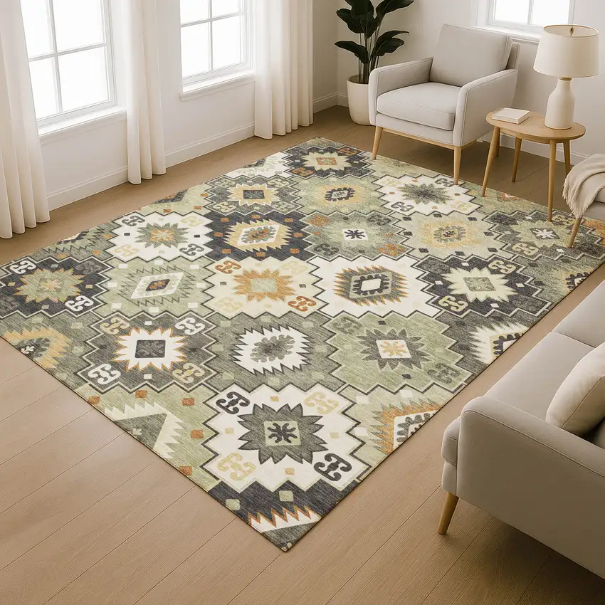 Fern Green And Gold Geometric Washable Area Rug With UV Protection Photo 6