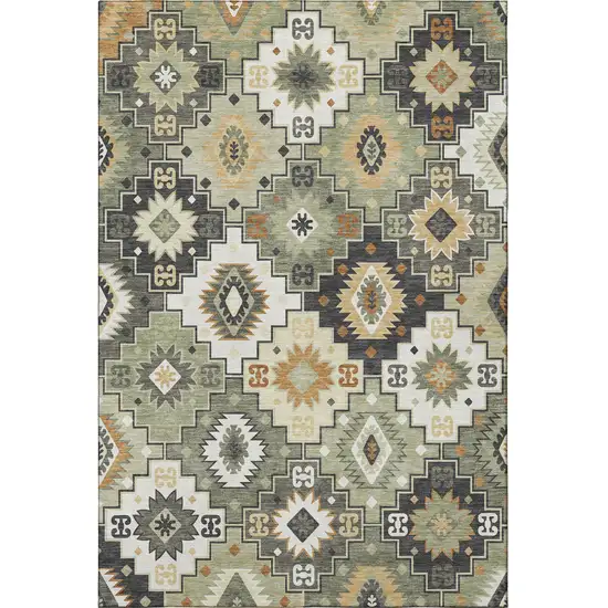 Fern Green And Gold Geometric Washable Area Rug With UV Protection Photo 4