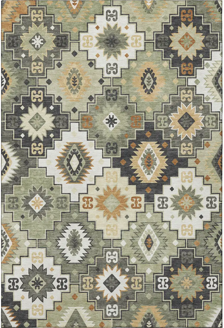 Fern Green And Gold Geometric Washable Area Rug With UV Protection Photo 4