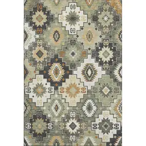 Photo of Fern Green And Gold Geometric Washable Area Rug With UV Protection