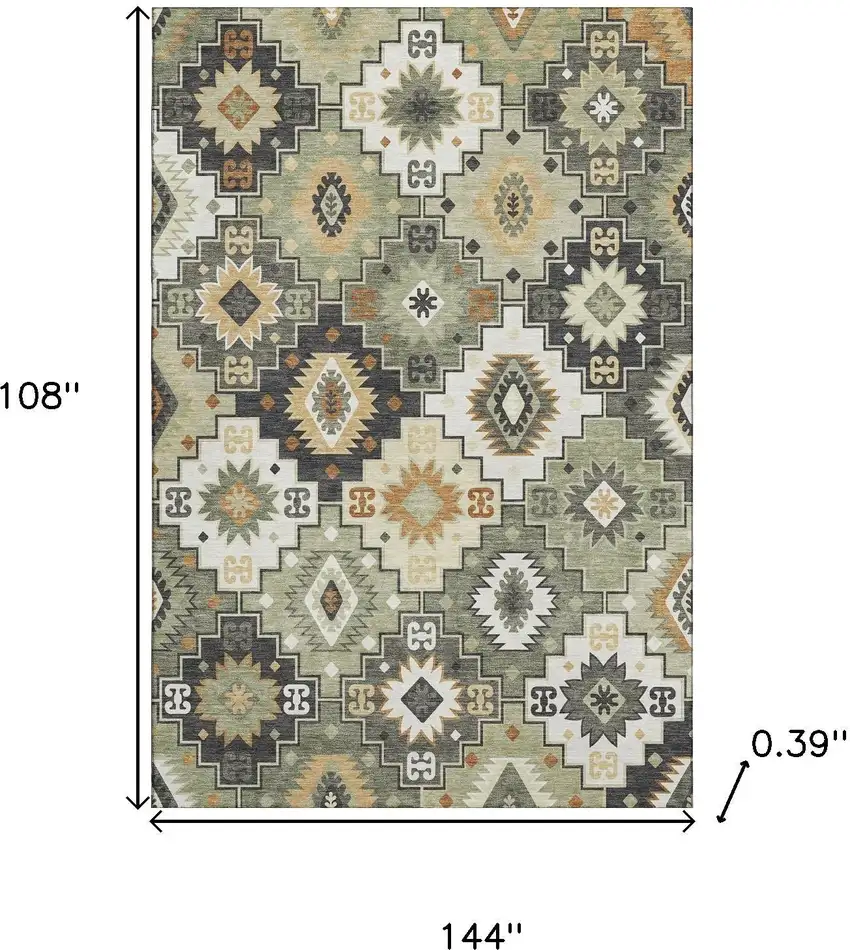 Fern Green And Gold Geometric Washable Area Rug With UV Protection Photo 9