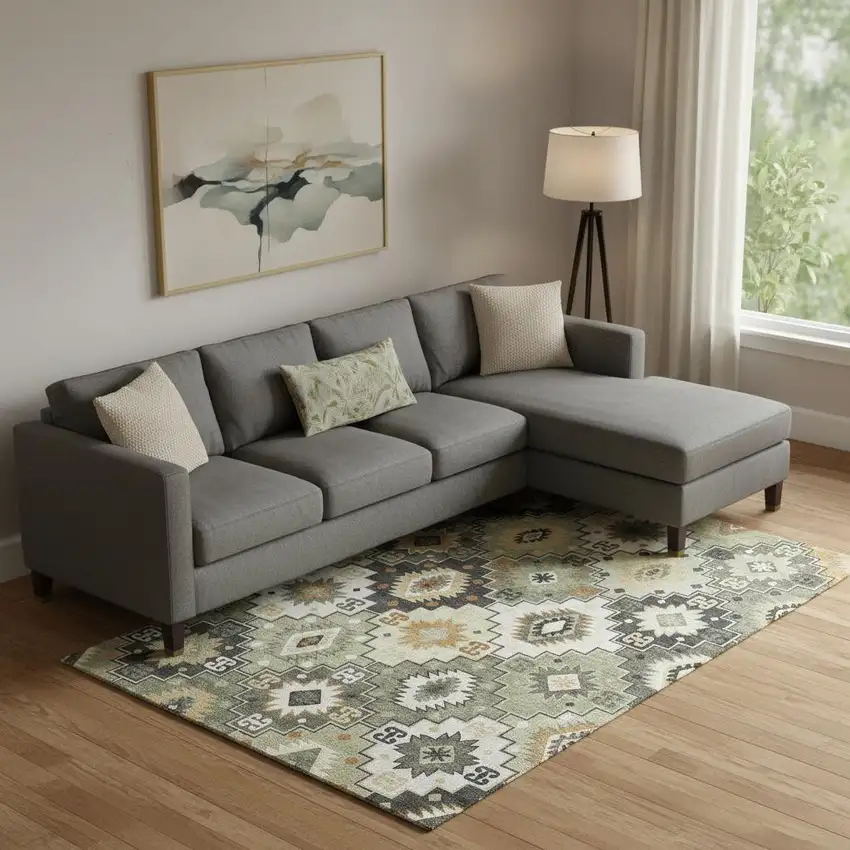 Fern Green And Gold Geometric Washable Area Rug With UV Protection Photo 2