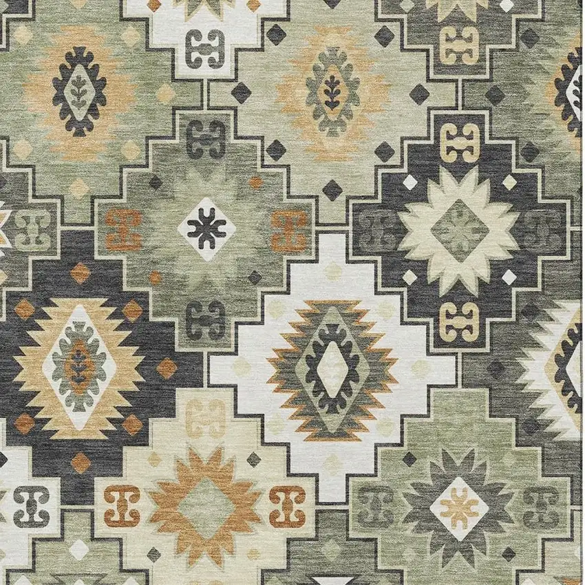 Fern Green And Gold Geometric Washable Area Rug With UV Protection Photo 3