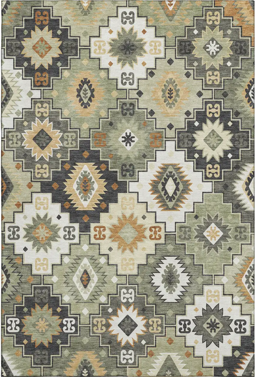 Fern Green And Gold Geometric Washable Area Rug With UV Protection Photo 1