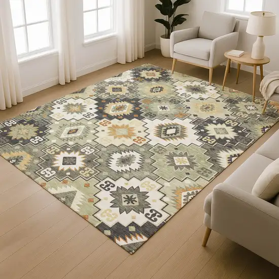 Fern Green And Gold Geometric Washable Area Rug With UV Protection Photo 6