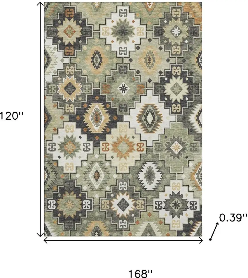 Fern Green And Gold Geometric Washable Area Rug With UV Protection Photo 9