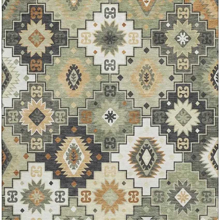 Fern Green And Gold Geometric Washable Area Rug With UV Protection Photo 4