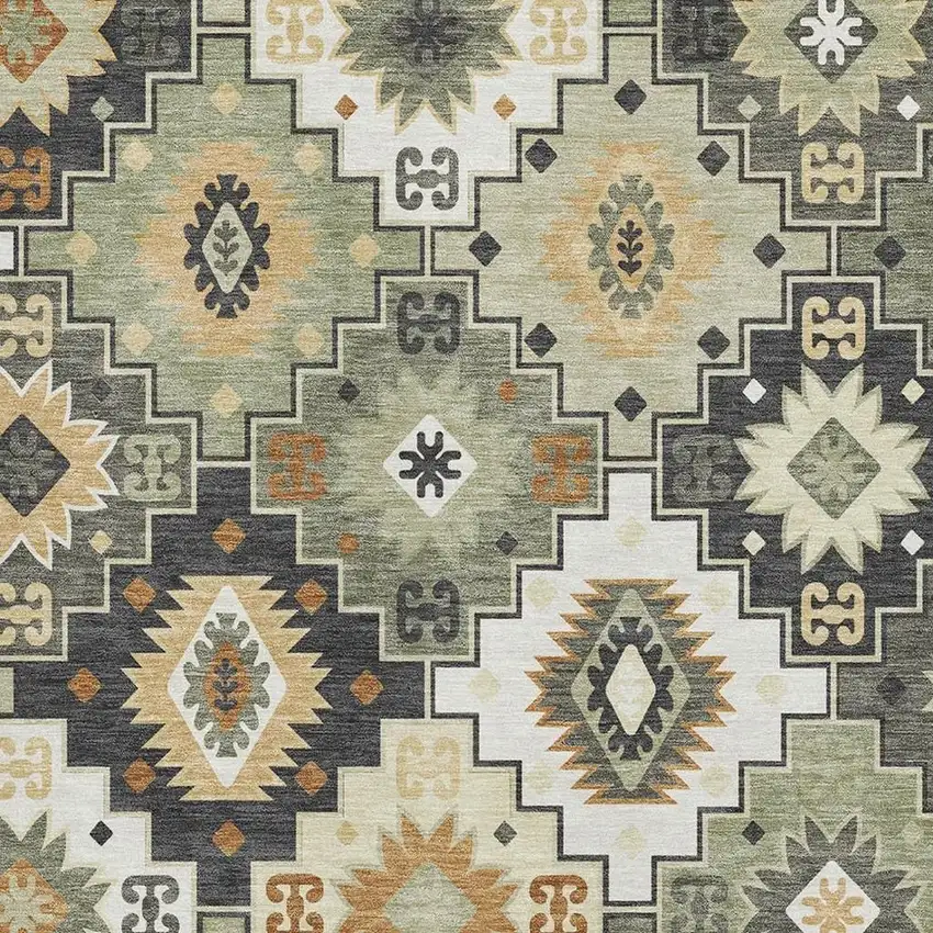 Fern Green And Gold Geometric Washable Area Rug With UV Protection Photo 3