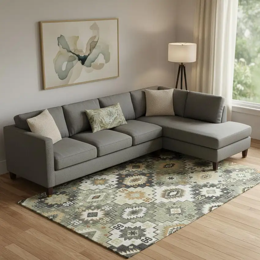 Fern Green And Gold Geometric Washable Area Rug With UV Protection Photo 2