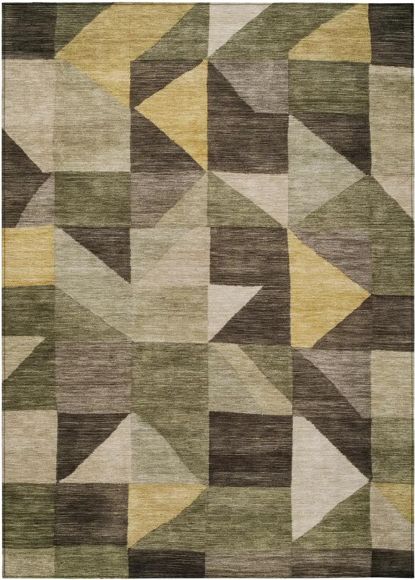 Fern Green And Gold Geometric Washable Indoor Outdoor Area Rug Photo 1