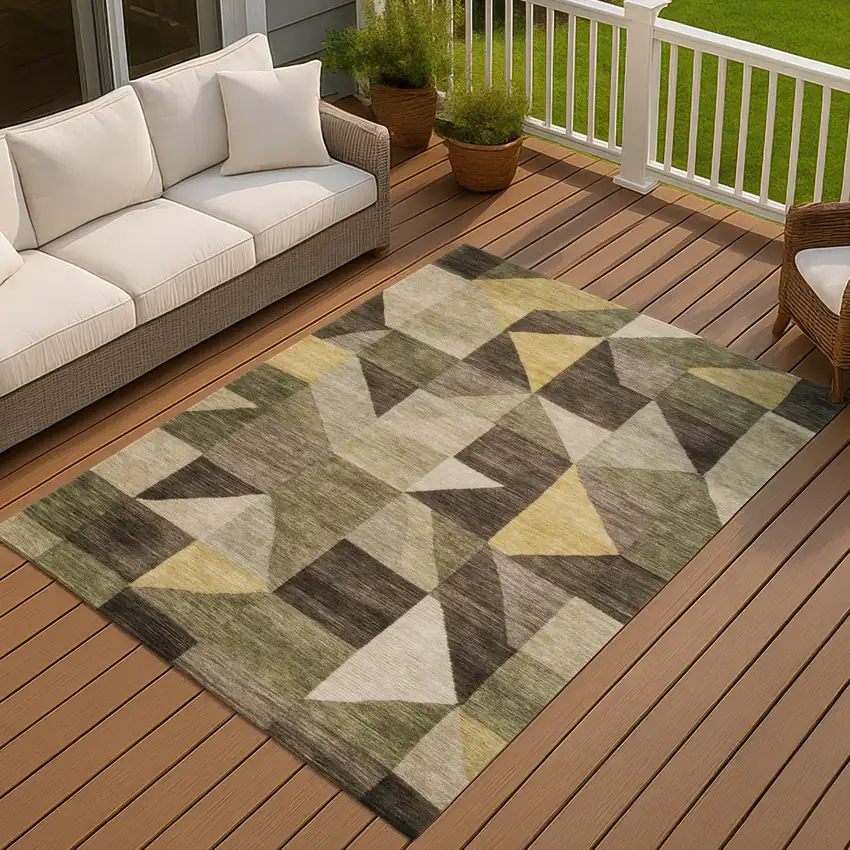 Fern Green And Gold Geometric Washable Indoor Outdoor Area Rug Photo 4