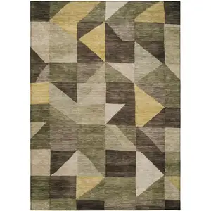 Photo of Fern Green And Gold Geometric Washable Indoor Outdoor Area Rug