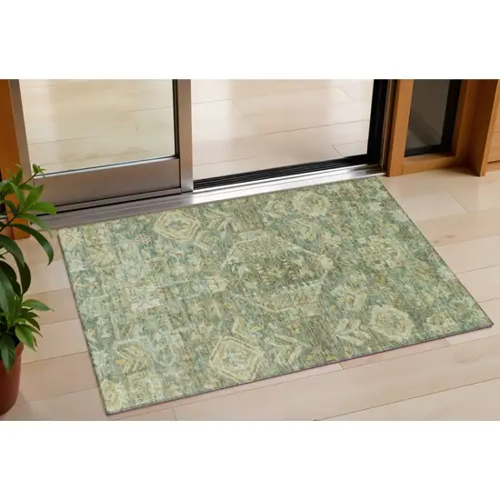 Fern Green And Gold Medallion Washable Indoor Outdoor Area Rug Photo 1