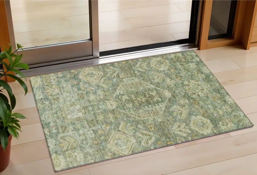 Fern Green And Gold Medallion Washable Indoor Outdoor Area Rug Photo 1