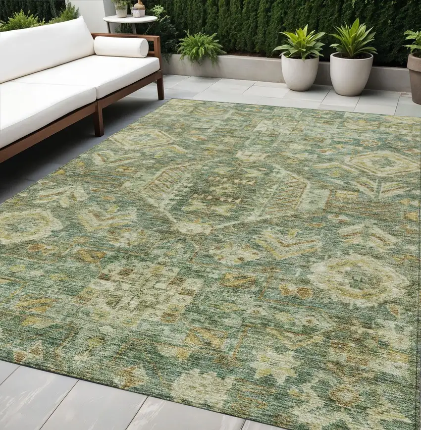 Fern Green And Gold Medallion Washable Indoor Outdoor Area Rug Photo 1