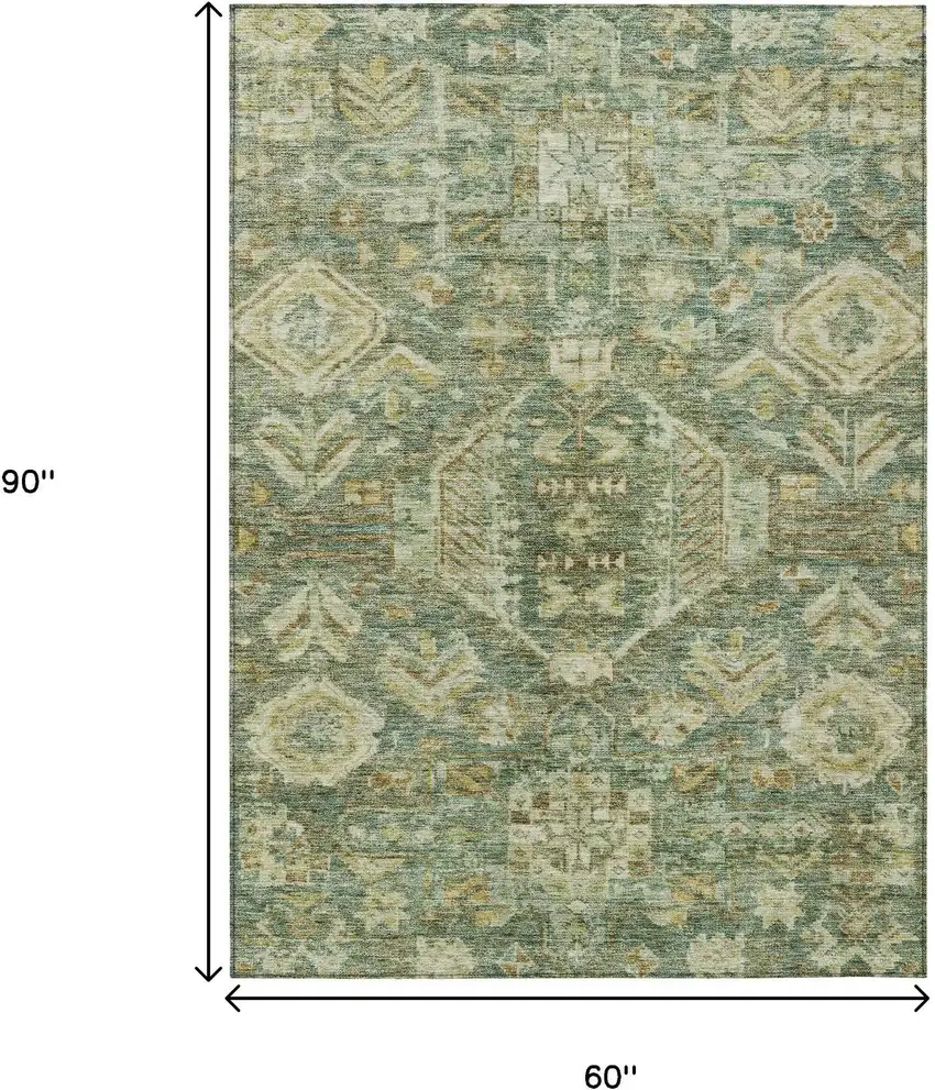 Fern Green And Gold Medallion Washable Indoor Outdoor Area Rug Photo 3