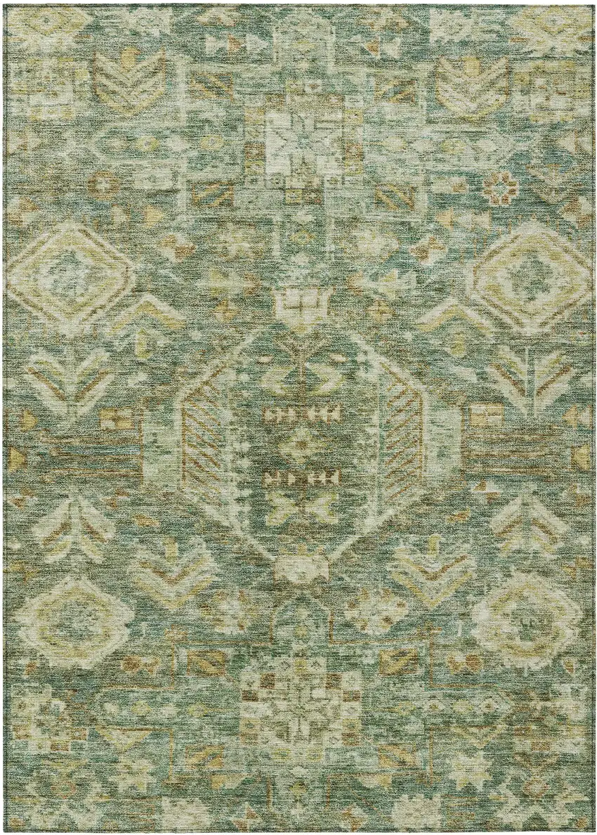 Fern Green And Gold Medallion Washable Indoor Outdoor Area Rug Photo 1