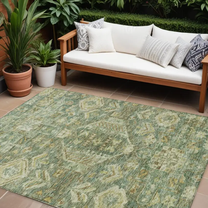 Fern Green And Gold Medallion Washable Indoor Outdoor Area Rug Photo 1