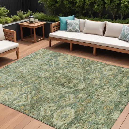 Fern Green And Gold Medallion Washable Indoor Outdoor Area Rug Photo 1