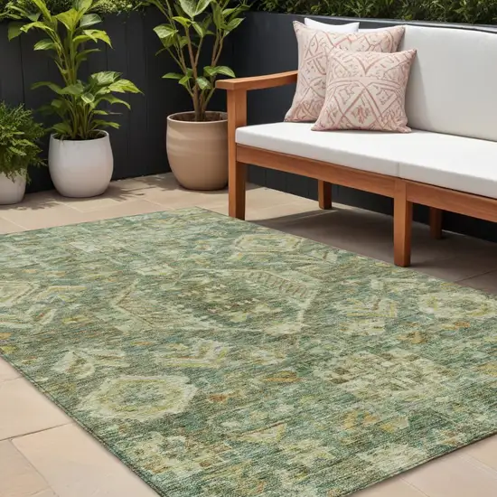 Fern Green And Gold Medallion Washable Indoor Outdoor Area Rug Photo 1