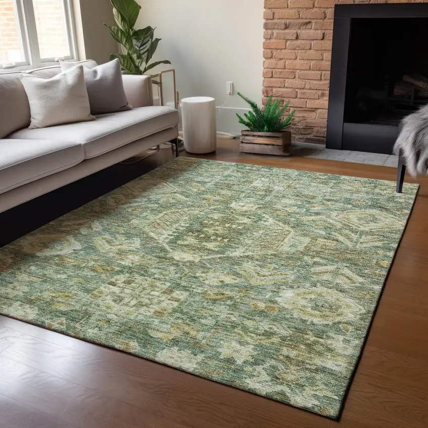 Fern Green And Gold Medallion Washable Indoor Outdoor Area Rug Photo 6