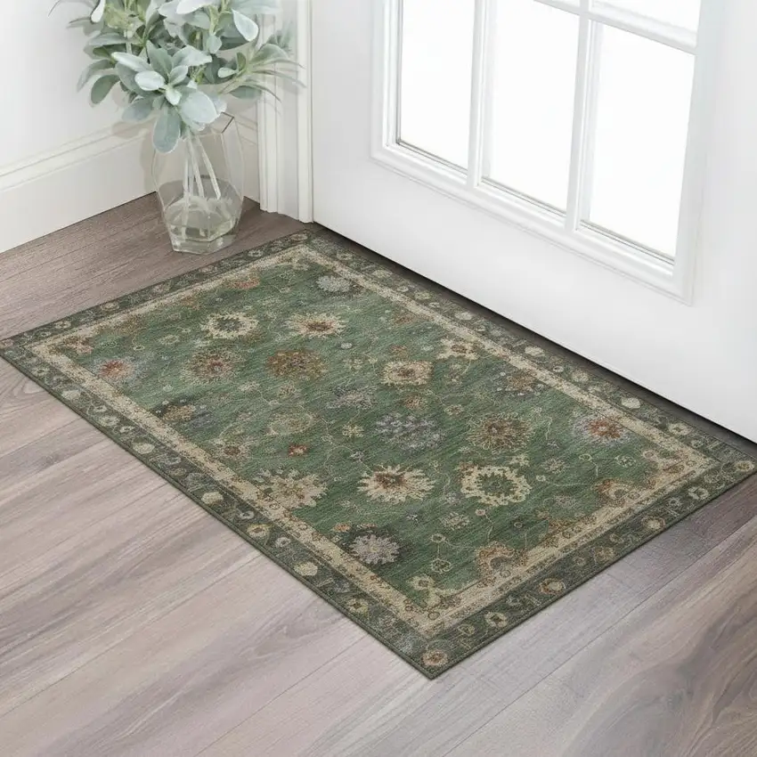 Fern Green And Gold Oriental Washable Area Rug With UV Protection Photo 2