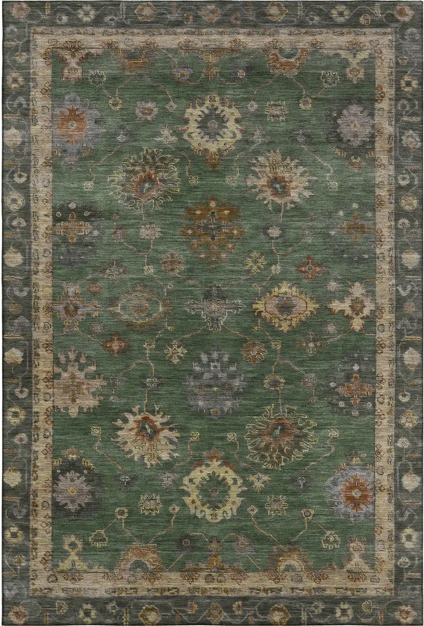 Fern Green And Gold Oriental Washable Area Rug With UV Protection Photo 1