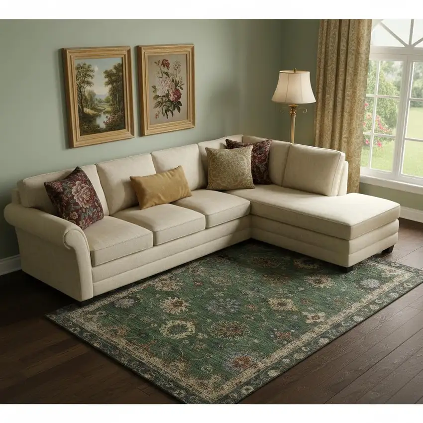 Fern Green And Gold Oriental Washable Area Rug With UV Protection Photo 2