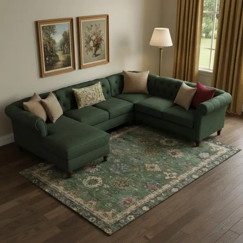 Fern Green And Gold Oriental Washable Area Rug With UV Protection Photo 2