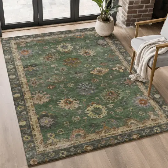 Fern Green And Gold Oriental Washable Area Rug With UV Protection Photo 5