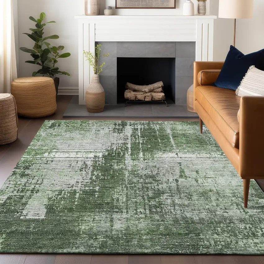 Fern Green And Gray Abstract Washable Area Rug With UV Protection Photo 6