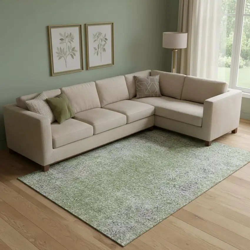 Fern Green And Gray Abstract Washable Area Rug With UV Protection Photo 1