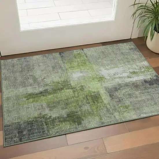Fern Green And Gray Abstract Washable Area Rug With UV Protection Photo 2