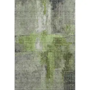 Photo of Fern Green And Gray Abstract Washable Area Rug With UV Protection