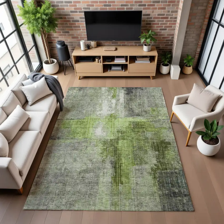 Fern Green And Gray Abstract Washable Area Rug With UV Protection Photo 5
