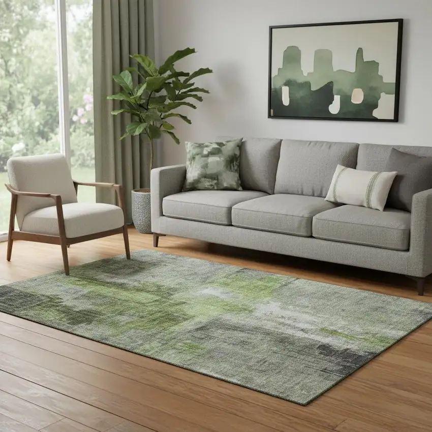 Fern Green And Gray Abstract Washable Area Rug With UV Protection Photo 2