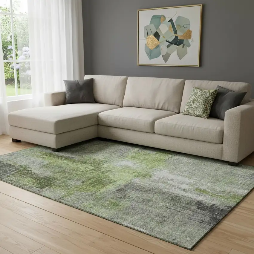 Fern Green And Gray Abstract Washable Area Rug With UV Protection Photo 2