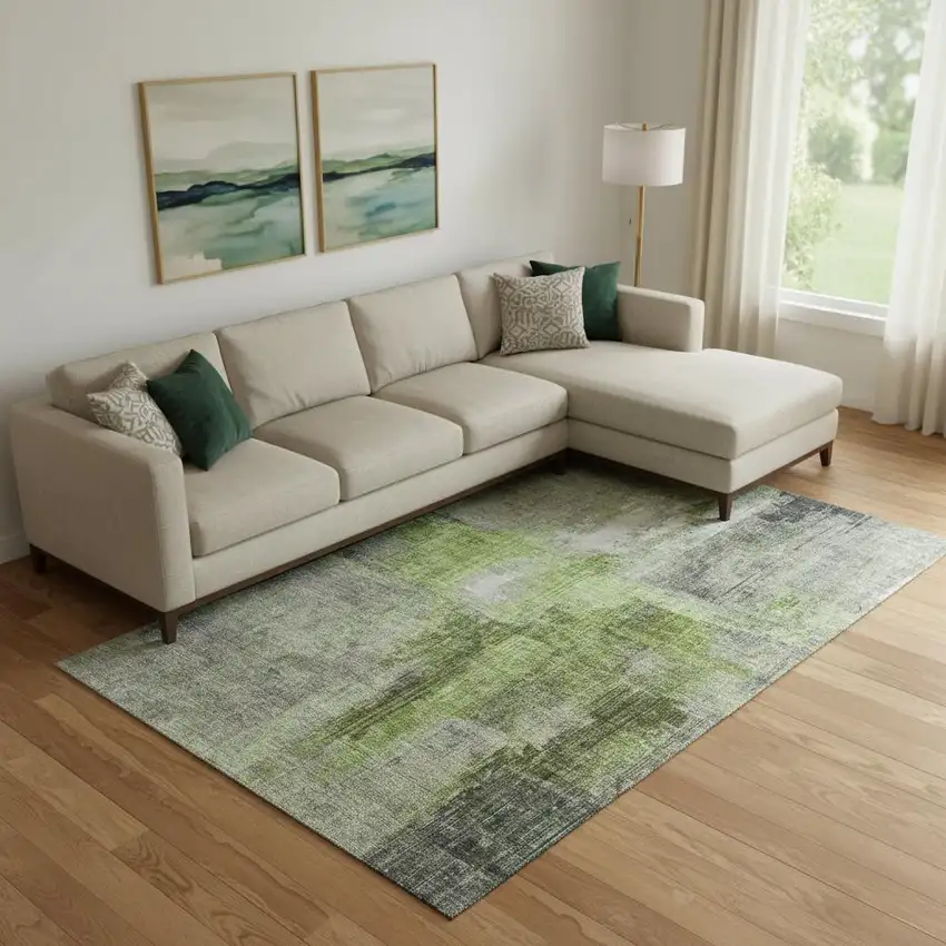 Fern Green And Gray Abstract Washable Area Rug With UV Protection Photo 2