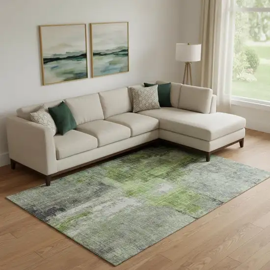 Fern Green And Gray Abstract Washable Area Rug With UV Protection Photo 2
