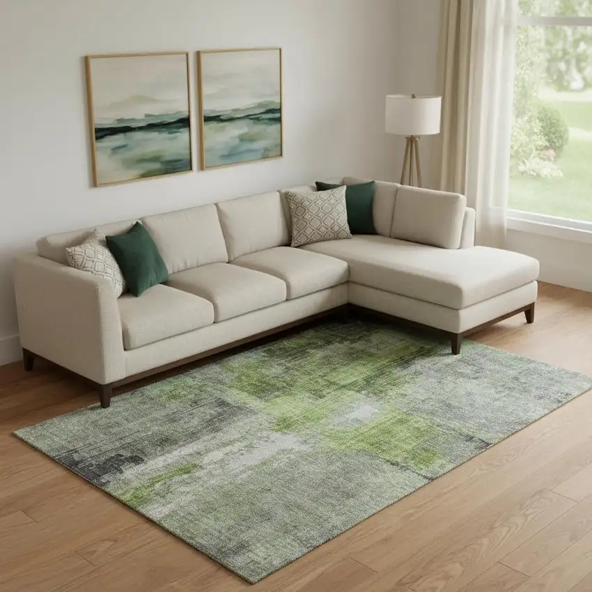 Fern Green And Gray Abstract Washable Area Rug With UV Protection Photo 2