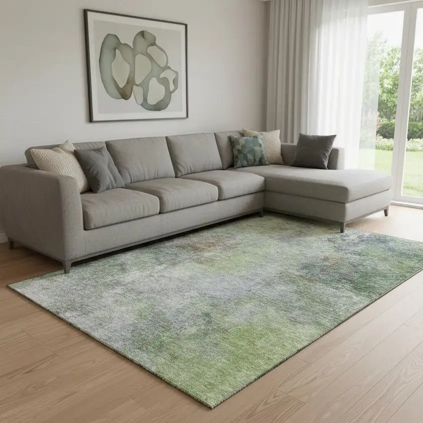 Fern Green And Gray Abstract Washable Area Rug With UV Protection Photo 2